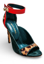 Load image into Gallery viewer, High-heeled shoe with leopard print and red ankle strap on a white background
