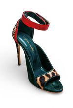 Load image into Gallery viewer, High-heeled shoe with leopard print and red ankle strap on a white background
