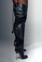 Load image into Gallery viewer, Black leather knee-high boots with a unique design on a gray background
