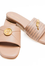 Load image into Gallery viewer, Pair of beige sandals with gold accents on a white background
